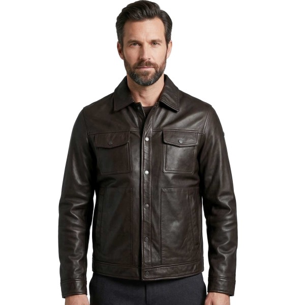 Bugatti - Herren Lederjacke Lammnappa Lammfellkragen schwarz-Copy-14463
