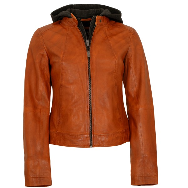 Jilani Collection - Damen Lederjacke Lammnappa Kapuze orange-14355