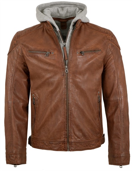 Gipsy - Herren Lederjacke Lammnappa Kapuze cognac-13448