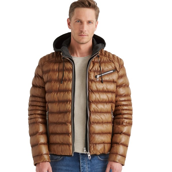 Milestone - Herren Lederjacke Steppjacke Lammnappa Kapuze cognac-14327