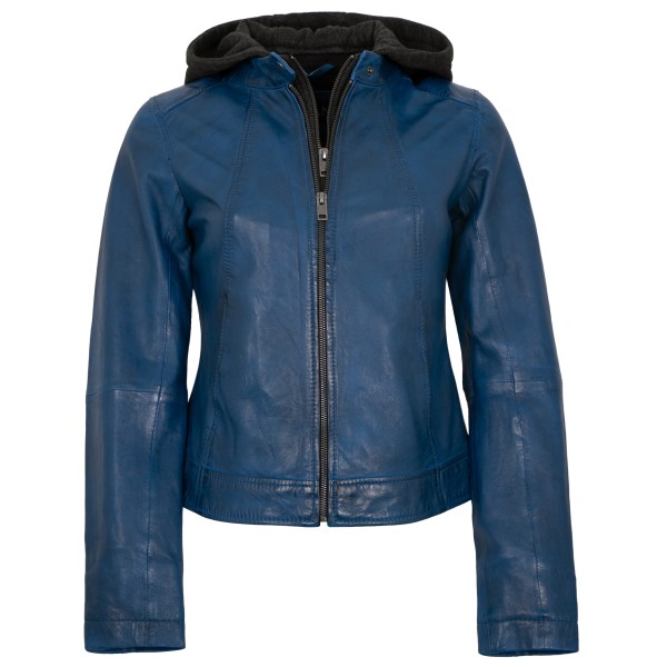 Jilani Collection - Damen Lederjacke Lammnappa Kapuze blau-14356