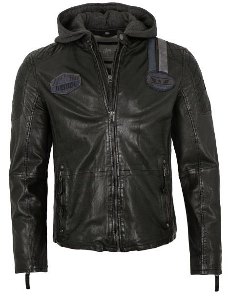 Gipsy by Mauritius - Herren Lederjacke Kapuze Lammnappa schwarz-14077