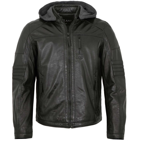 Jilani - Herren Lederjacke Kapuze Lammnappa schwarz-14509