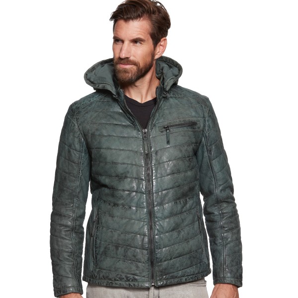 Jilani - Herren Lederjacke Steppjacke Kapuze Lammnubuk dunkelgrün-13249-a