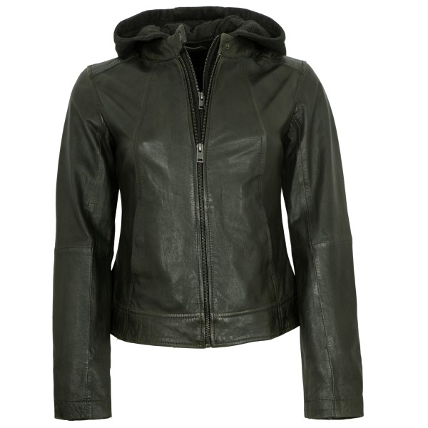 Jilani Collection - Damen Lederjacke Lammnappa Kapuze olive14357