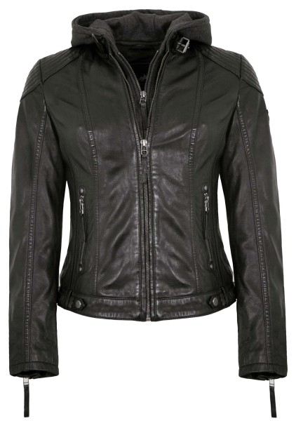 Gipsy - Damen Lederjacke Kapuze Lammnappa schwarz Natur gegerbt-10636