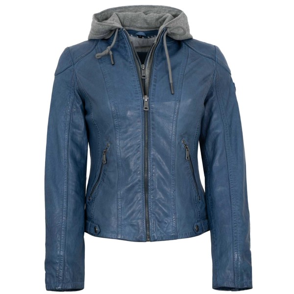Mauritius - Damen Lederjacke Lammnappa Kapuze blau-14455-3