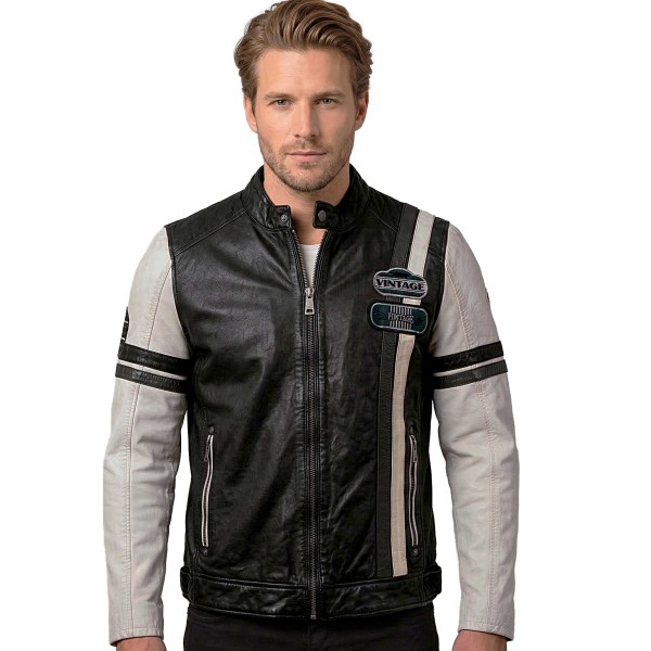 Mauritius - Herren Lederjacke Racingjacke Lammnappa schwarz weiß-14466