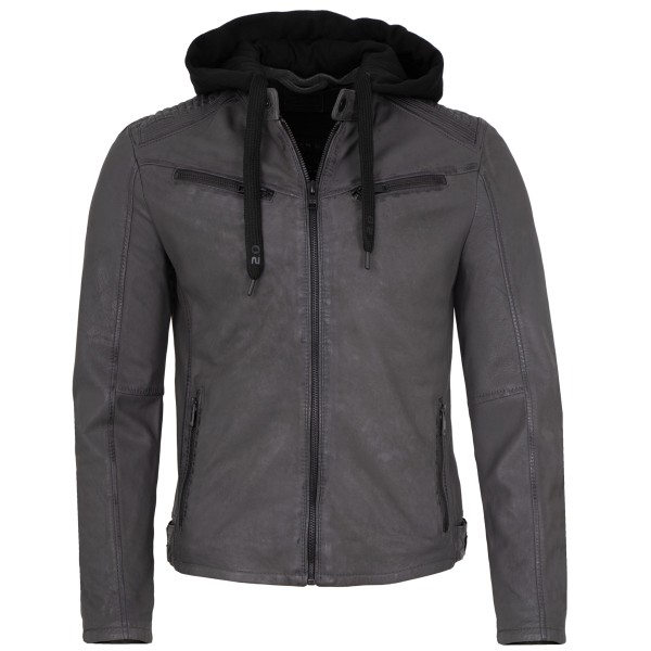 2.0 by Mauritius - Herren Lederjacke Kapuze Lammnubuk grau-14256
