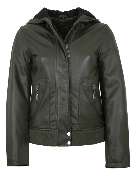 Existenz - Damen Lederjacke Blouson Kapuze Lammnappa khaki-14158