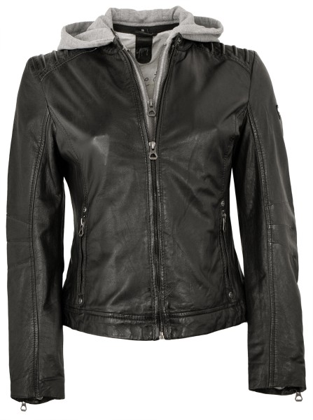 Gipsy - Damen Lederjacke Lammnappa Kapuze schwarz bio-13108