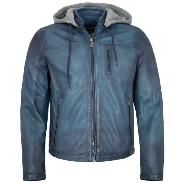 Jilani - Herren Lederjacke Kapuze Lammnappa blau-14507