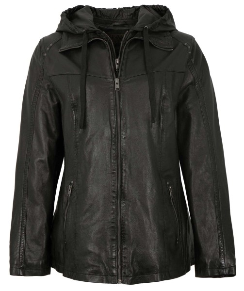 Existenz - Damen Lederjacke Longjacke Kapuze Lammnappa schwarz-14159