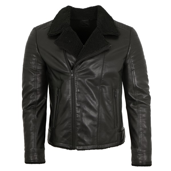 2.0 by Mauritius - Herren Lederjacke Bikerjacke Lammnappa Kunstfell schwarz-14281