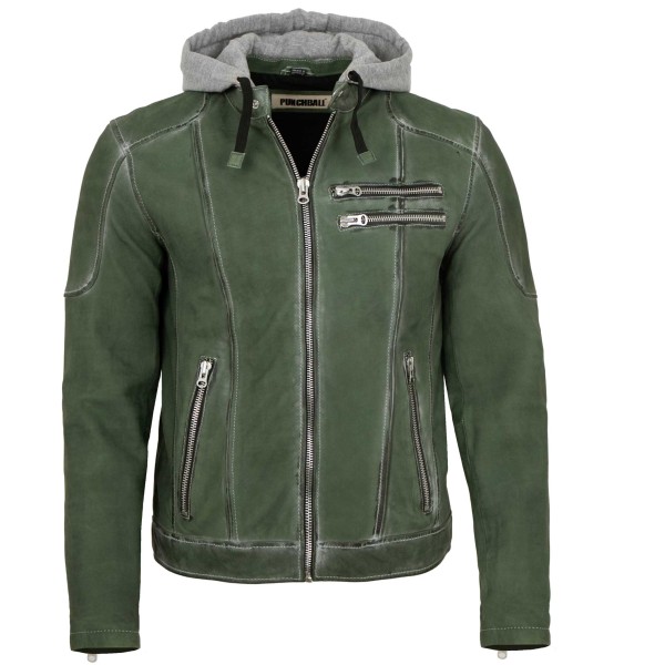 Punchball - Herren Lederjacke Kapuze Lammnubuk grün antik-14486