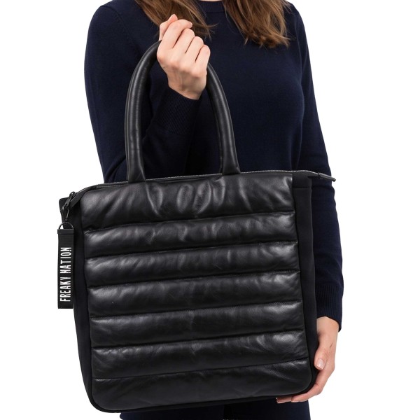 Freaky Nation - Damen Lederhandtasche Lammnappa Materialmix schwarz
