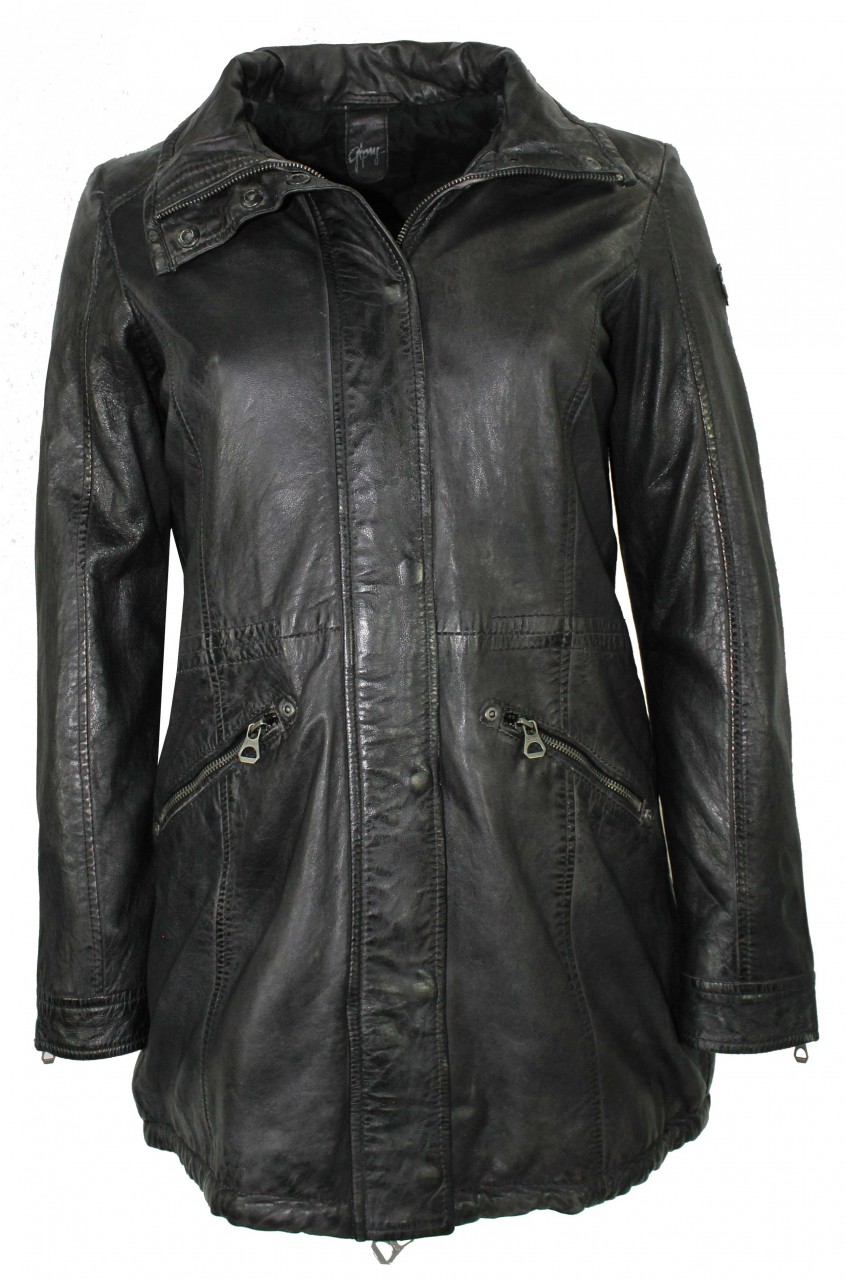 Gipsy Damen Ledermantel Parka Kapuze Lammnappa graphit