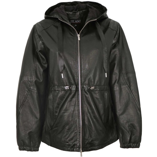 Jilani Collection - Damen Lederjacke Lammnappa Kapuze Oversize schwarz-14396
