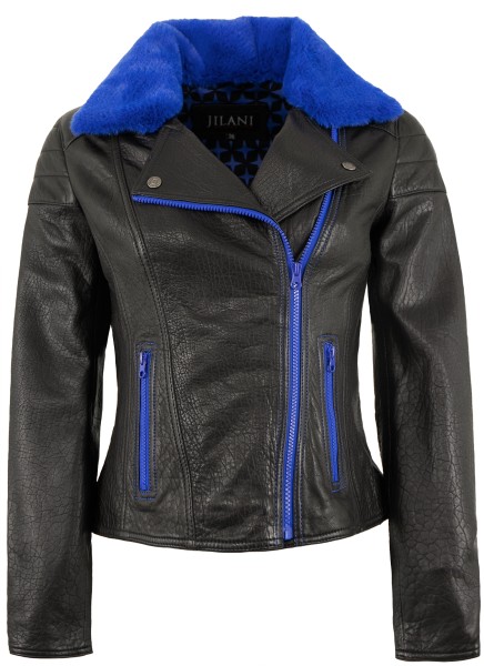 Jilani - Damen Lederjacke Bikerjacke Lammnappa schwarz / blau-13566