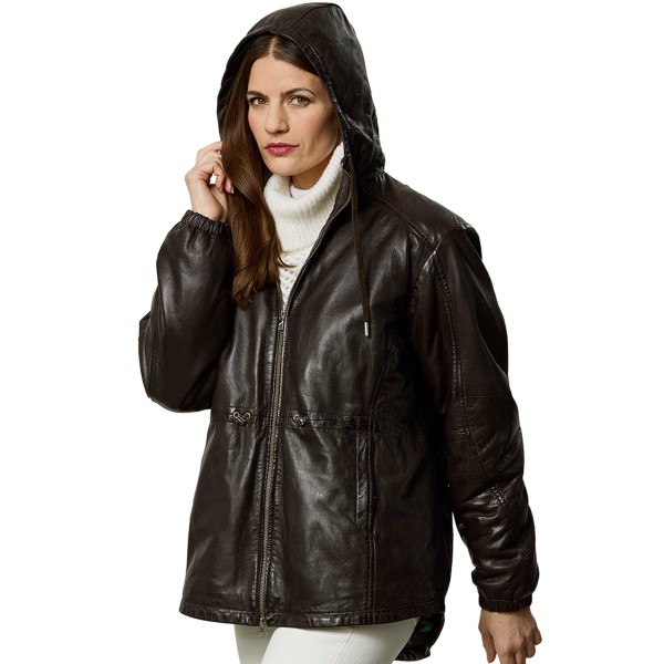 Jilani Collection - Damen Lederjacke Lammnappa Kapuze Oversize dunkelbraun-14395