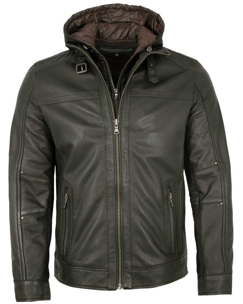 Herren Lederjacke Kapuze Lammnappa grau-braun-14174