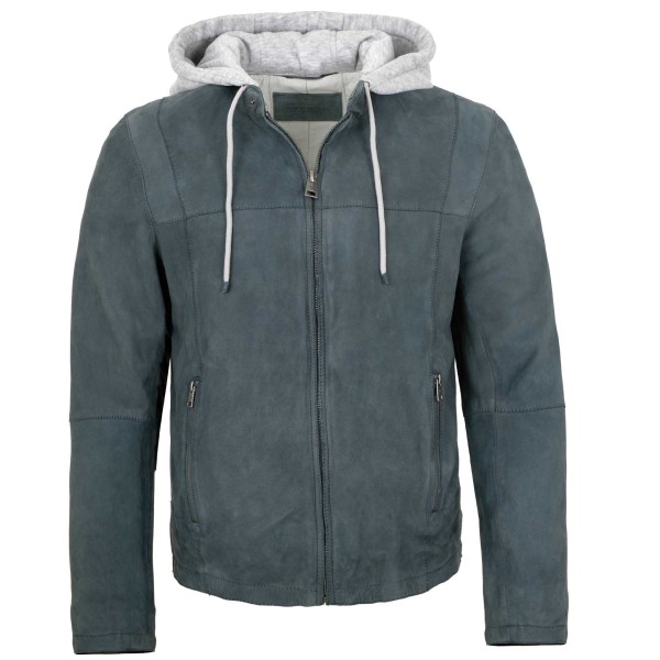 Milestone - Herren Lederjacke Kapuze Lammvelour jeans blau-14423