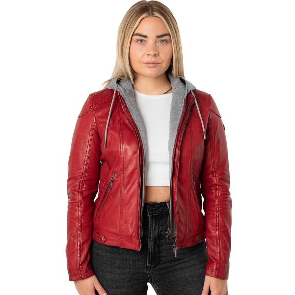 Mauritius - Damen Lederjacke Lammnappa Kapuze rot-14456