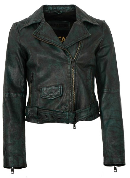 Freaky Nation - Damen Lederjacke Gürtel Lammnappa dunkelgrün-14193