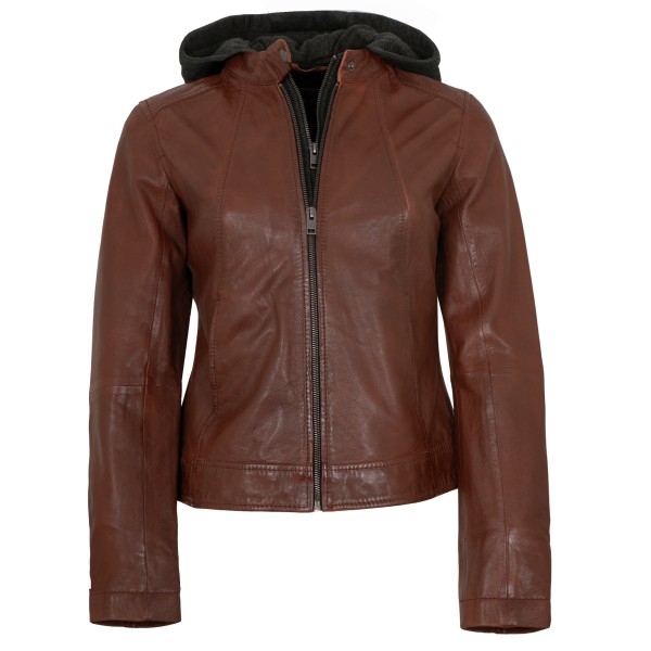 Jilani Collection - Damen Lederjacke Lammnappa Kapuze dunkles cognac-14358