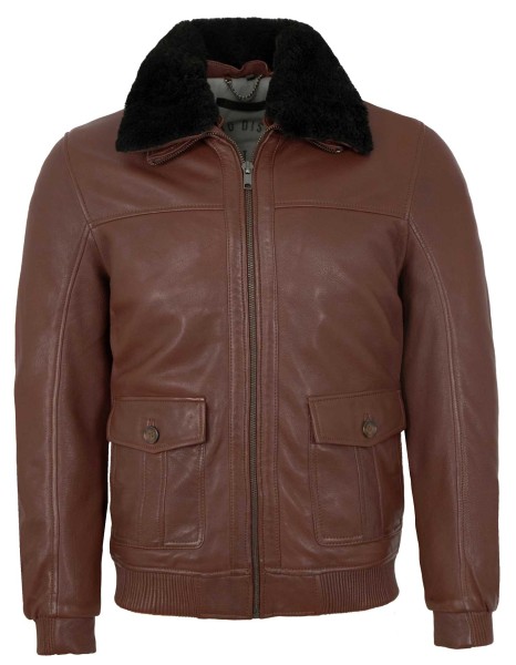 Deercraft - Herren Lederjacke Lammfellkragen Lammnappa dunkel cognac-13956