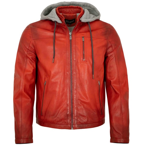 Jilani - Herren Lederjacke Kapuze Lammnappa rot-14506