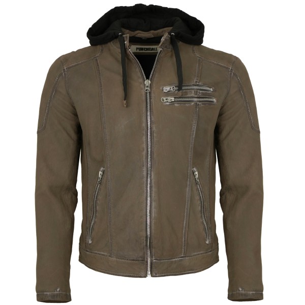 Punchball - Herren Lederjacke Kapuze Lammnubuk d´olive-14239