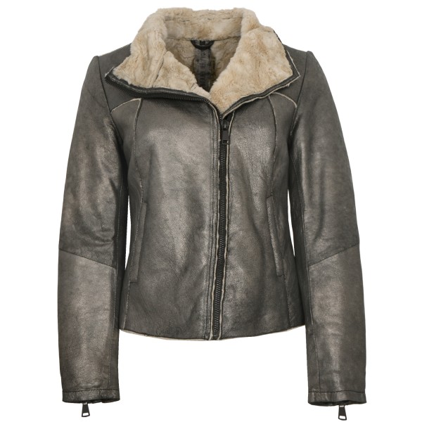 Freaky Nation - Damen Lederjacke Bikerjacke Lammleder Kunstfell taupe/beige-14288