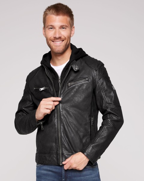 Camp David - Herren Lederjacke Kapuze Nubukleder schwarz-13925