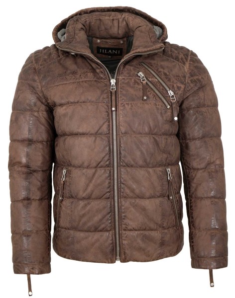 Jilani - Herren Lederjacke Steppjacke Kapuze Lammnubuk mittelbraun-13972