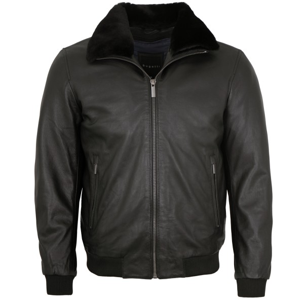 Bugatti - Herren Lederjacke Weste Lammfellkragen Lammnappa schwarz-14279