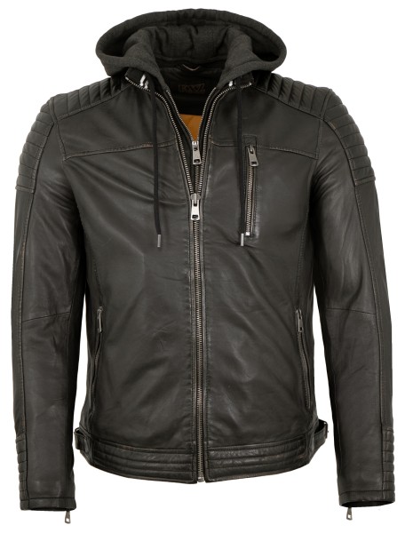  Existenz - Herren Lederjacke Bikerjacke Kapuze Lammnappa schwarz antik-14142