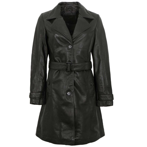 Mauritius - Damen Trenchcoat Ledermantel Gürtel Lammnappa schwarz-14459-3