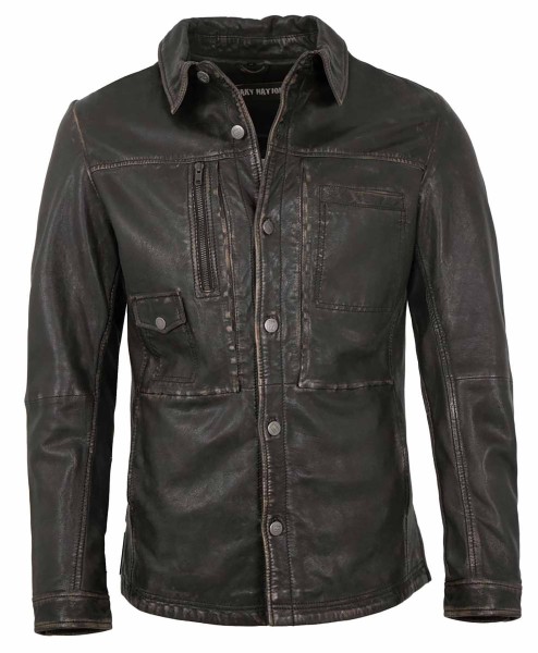 Freaky Nation - Herren Lederjacke Lederhemd Lammnappa schwarz-beige