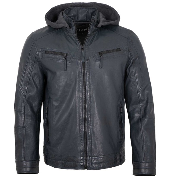 Jilani - Herren Lederjacke Kapuze Lammnappa navy-14504