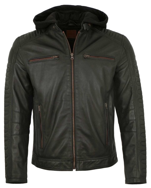 Redpoint - Herren Lederjacke Bikerjacke Kapuze Lammnappa schwarz-14165