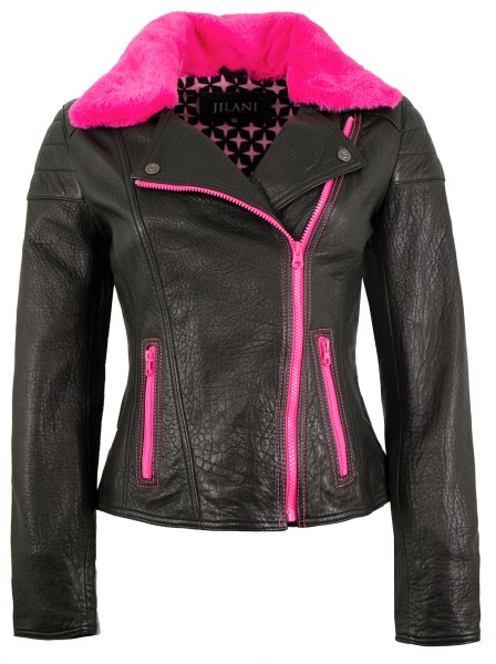 Jilani - Damen Lederjacke Bikerjacke Lammnappa schwarz / pink-13565