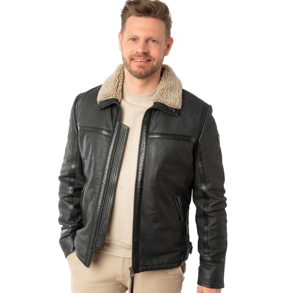 Mauritius - Herren Lederjacke Lammleder Bomberjacke Kunstfell anthrazit-14331